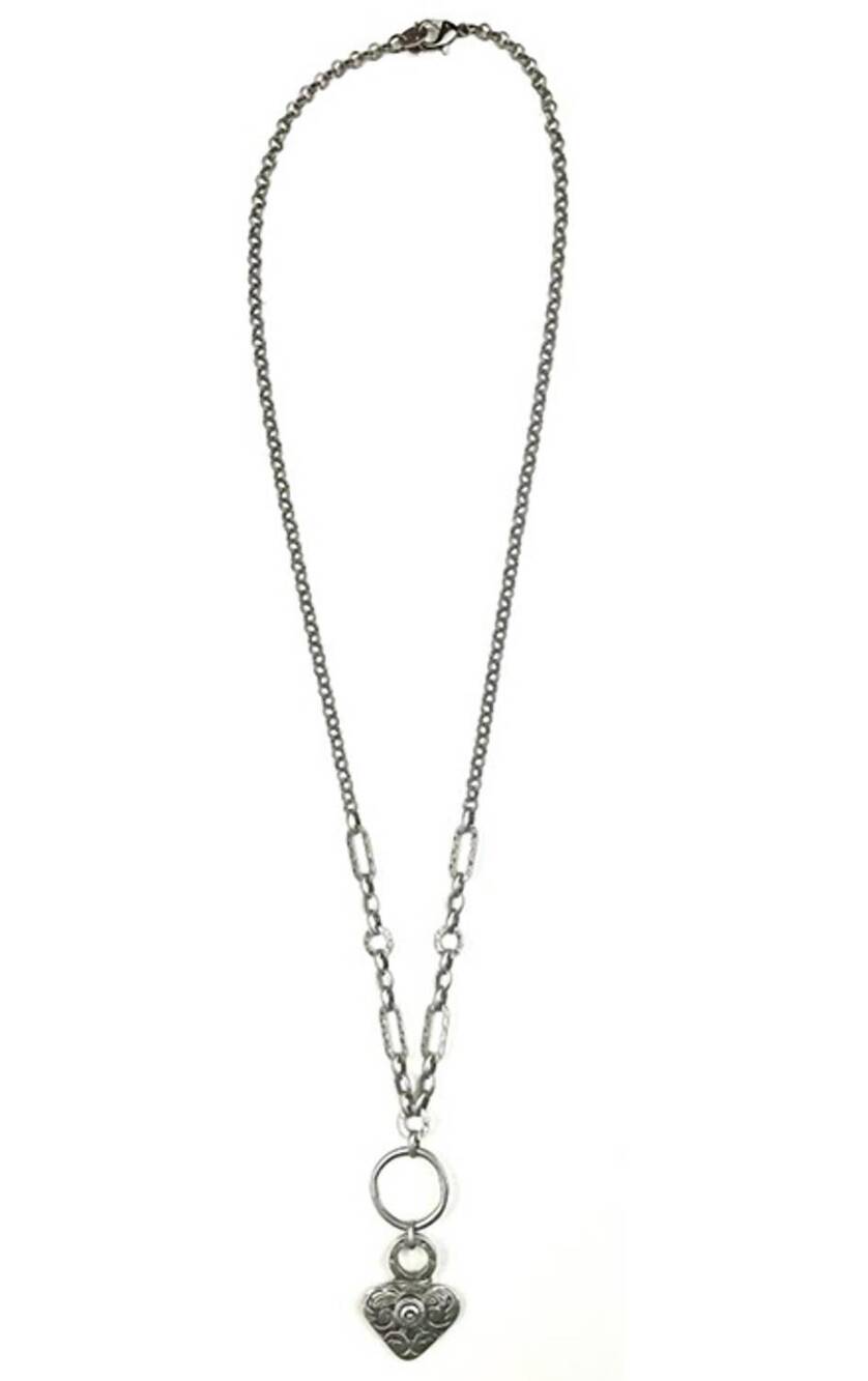 NEW LEGEND OR LIES women's mixed chain carved heart pendant necklace in silver